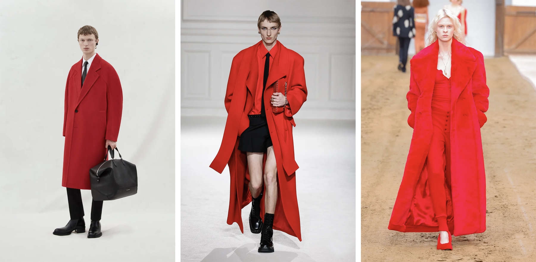 Everyone, everywhere, is wearing red head to toe: red coats are also making a statement in both women's and men's fashion. In these images, from left to right, three FW23 looks of Alexander McQueen by Sarah Burton, Valentino by Pierpaolo Piccioli and Stella McCartney